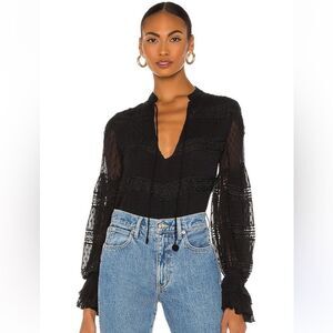 Rococo Sand x REVOLVE Selene Blouse in Black peasant sleeve beaded sheer top new
